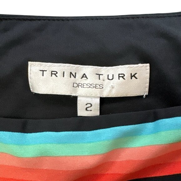 Trina Turk 60s Mod Floral Print Boat Neck Stretch Dress Black Peach Aqua Size 2 - Picture 7 of 9